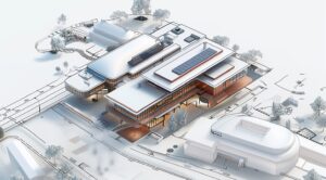 Vue aérienne d’un bâtiment moderne illustrant le processus de décompte général définitif (DGD) dans un chantier structuré