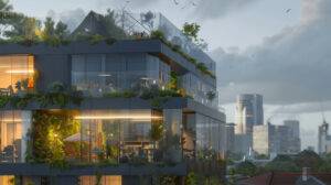 bâtiment RE2020 végétalisé avec vue urbaine en arrière-plan