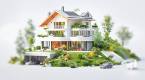 Maison écologique avec végétation, symbolisant la finalisation harmonieuse d’un chantier via le DGD