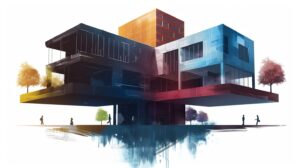 Projet architectural aux formes géométriques illustrant l’organisation d’un DGD