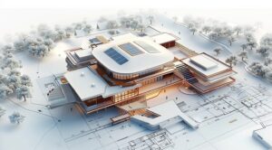 Plan d’architecte avec bâtiment 3D, support d’analyse pour un DGD