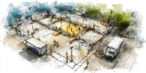 Vue d’ensemble d’un chantier avec ouvriers répartis par zones pour limiter la coactivité pendant la crise sanitaire Covid-19.