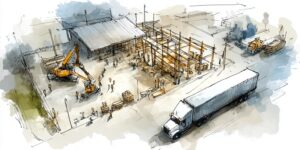 Ouvriers et engins de chantier travaillant sur une construction de gymnase en respectant les mesures sanitaires Covid-19.