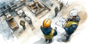 Deux responsables de chantier en gilet et casque de protection, contrôlant le respect du PPSPS Covid-19 avec plans en main.