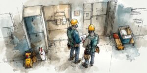 Deux ouvriers en tenue de protection vérifiant les consignes sanitaires dans les vestiaires d’un chantier Covid-19.