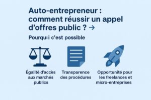 Infographie expliquant pourquoi un auto-entrepreneur peut répondre aux marchés publics : égalité d’accès, transparence des procédures, opportunité pour les freelances et micro-entreprises.