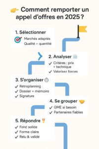 Infographie présentant 5 conseils essentiels pour remporter un appel d’offres en 2025 : sélection des marchés, analyse des critères, organisation, groupement et mémoire technique.