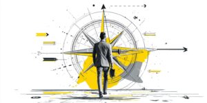 Homme d’affaires avançant vers une boussole représentant la recherche et la sélection des procédures de marchés publics