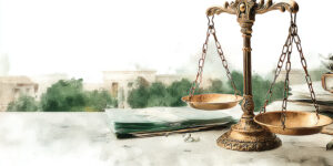 Balance dorée avec dossiers, symbolisant équilibre dans marchés publics