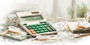 Grosse calculatrice avec factures, bureau lumineux, marché public BTP