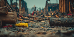 L'image montre une scène de destruction avec des débris et des morceaux de bois brûlés, suggérant un incendie ou une catastrophe. - Force majeure dans les marchés publics