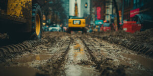L'image montre une rue urbaine boueuse avec des traces de pneus de véhicules de chantier. - Force majeure dans les marchés publics