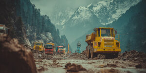 L'image montre des véhicules de construction sur une route montagneuse endommagée, probablement à la suite d'un glissement de terrain. - Force majeure dans les marchés publics