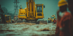 L'image montre des engins de chantier opérant dans une zone inondée, avec des ouvriers portant des casques de sécurité. - Force majeure dans les marchés publics