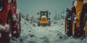 L'image montre un bulldozer jaune déblayant de la neige sur une route, entouré de neige abondante et d'autres véhicules de construction. - Force majeure dans les marchés publics