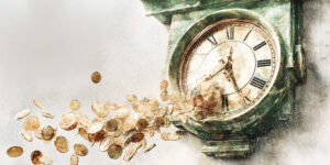 Horloge verte ancienne libérant des pièces d'or, symbolisant timing marché public