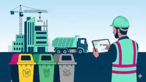 Chantier BTP avec zone de tri des déchets et bennes colorées pour traçabilité BSD
