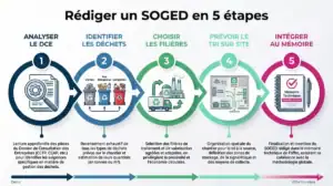 Infographie présentant les 5 étapes de rédaction d'un SOGED : analyser le DCE, identifier les déchets, choisir les filières, prévoir le tri, intégrer au mémoire