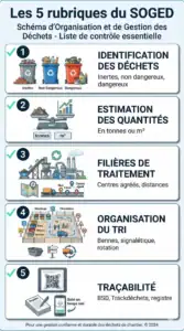 Checklist des 5 rubriques essentielles à inclure dans un SOGED : déchets, quantités, filières, tri et traçabilité