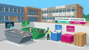 Illustration d'un chantier de rénovation avec zone de tri organisée : bennes inertes, DIB, polystyrène et déchets dangereux