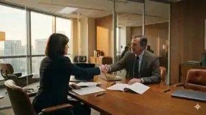 Deux professionnels signant un avenant de marché public dans un bureau