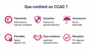 Infographie contenu CCAG : paiements, garanties, pénalités, assurances