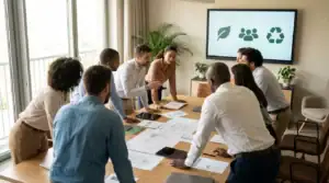 Équipe professionnelle analysant des critères RSE pour un marché public