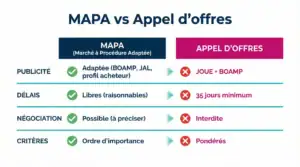 Tableau comparatif MAPA et appel d'offres : publicité, délais, négociation, critères