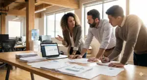 Équipe professionnelle analysant un dossier MAPA de marché public