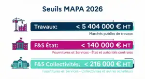 Seuils MAPA 2026 : travaux 5 404 000 €, fournitures État 140 000 €, collectivités 216 000 €