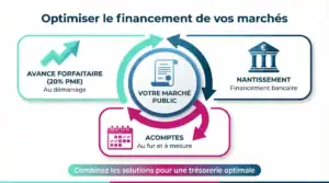 Schéma des 3 leviers de financement : avance forfaitaire, acomptes et nantissement