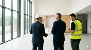 Visite de réception de travaux avec maître d'ouvrage, architecte et entrepreneur sur un chantier terminé