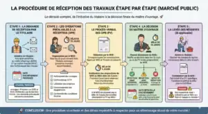 Timeline des 5 étapes de la procédure de réception : demande du titulaire, OPR, procès-verbal, décision du maître d'ouvrage, levée des réserves