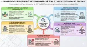 Schéma des 5 modalités de réception du CCAG Travaux : réception sans réserves, avec réserves, sous réserves, tacite et refus de réception