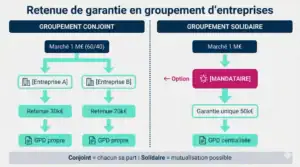 Schéma comparatif de la répartition de la retenue de garantie en groupement conjoint et solidaire avec GPD