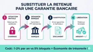 Workflow en 4 étapes pour remplacer la retenue de garantie par une garantie à première demande : situation, banque, substitution, libération