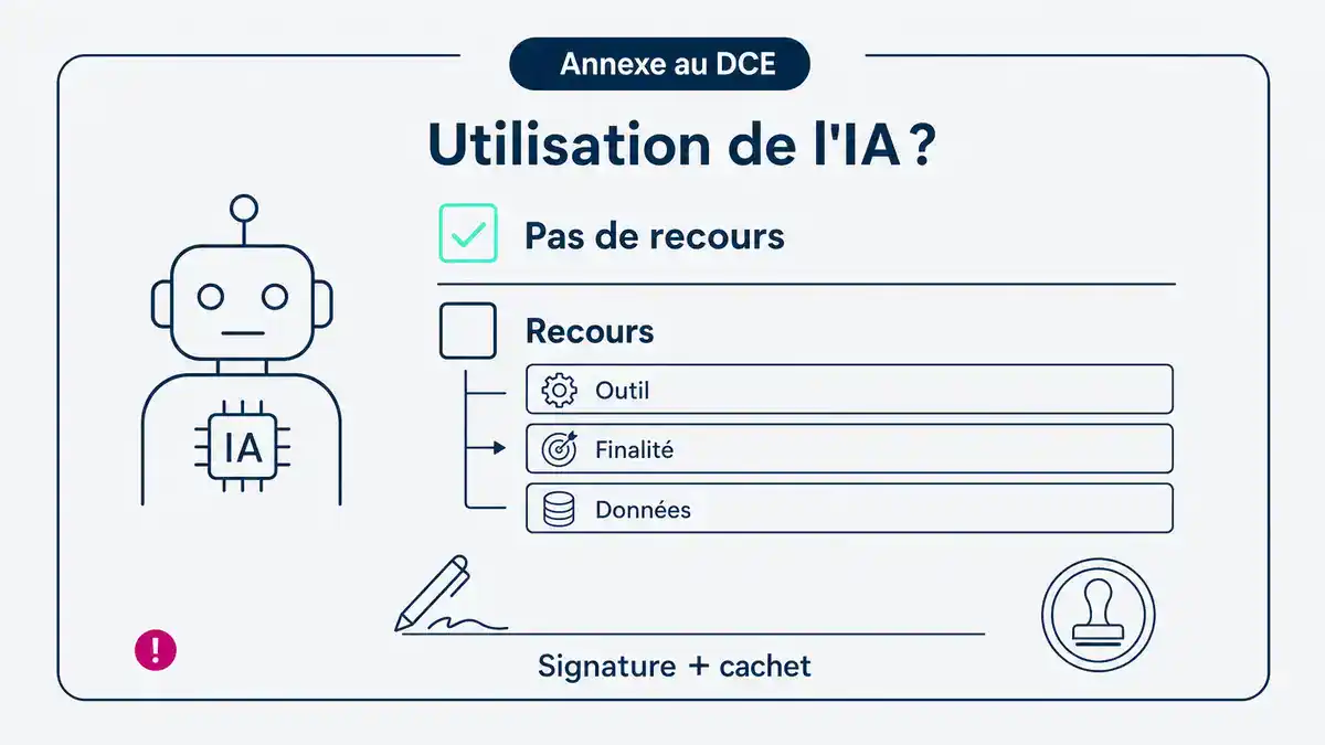 Infographie : annexe au DCE, outil, finalité, données, signature Qu'est-ce qu'une attestation IA dans un marché public