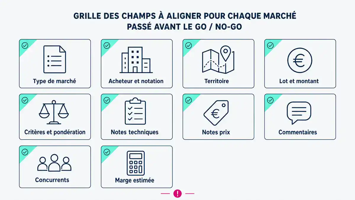 Infographie : les huit champs à aligner pour un go / no-go fondé sur le croisement Grille des données à croiser pour décider à quels appels d'offres répondre, de l'acheteur à la marge