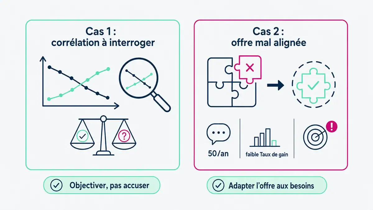 Infographie : notation d'acheteur et produit mal aligné, deux réponses à pourquoi je perds mes appels d'offres Deux cas anonymisés qui expliquent pourquoi je perds mes appels d'offres