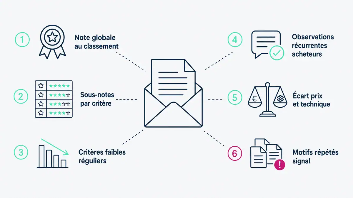 Infographie : notes, critères et motifs répétés d'une lettre de rejet pour le diagnostic des appels d'offres perdus Ce qu'une lettre de rejet révèle pour savoir pourquoi je perds mes appels d'offres
