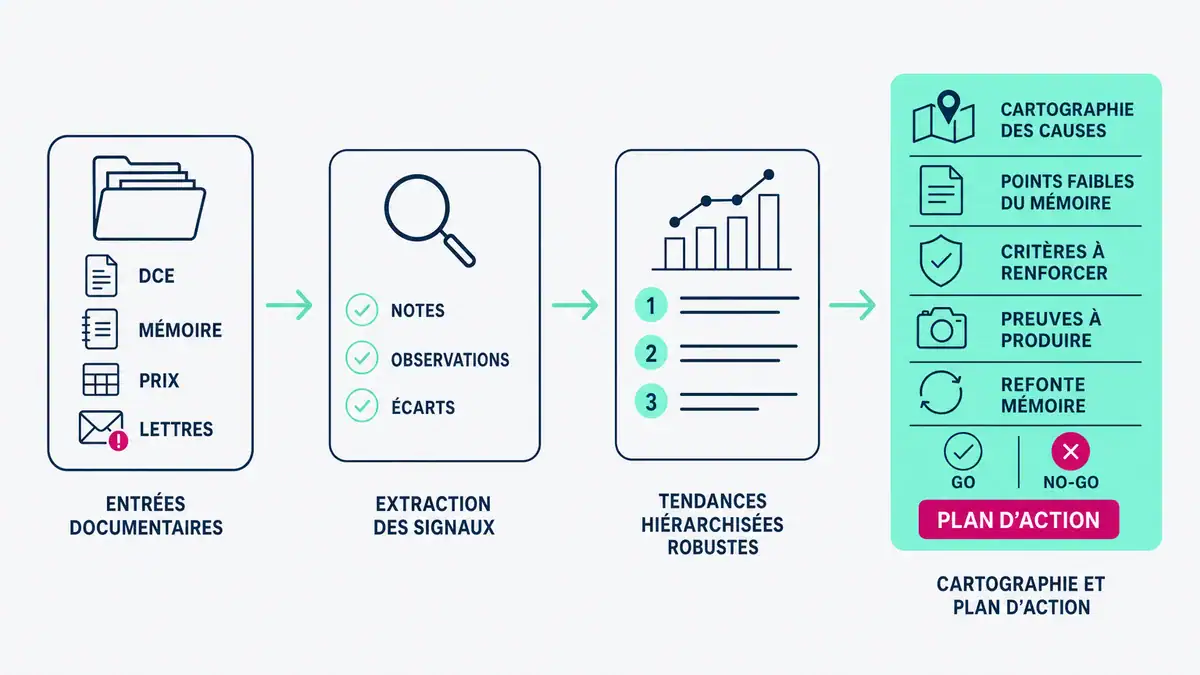 Schéma pipeline : du DCE et des lettres de rejet au plan d'action pour les appels d'offres perdus Ce que produit un bon diagnostic pour savoir pourquoi je perds mes appels d'offres