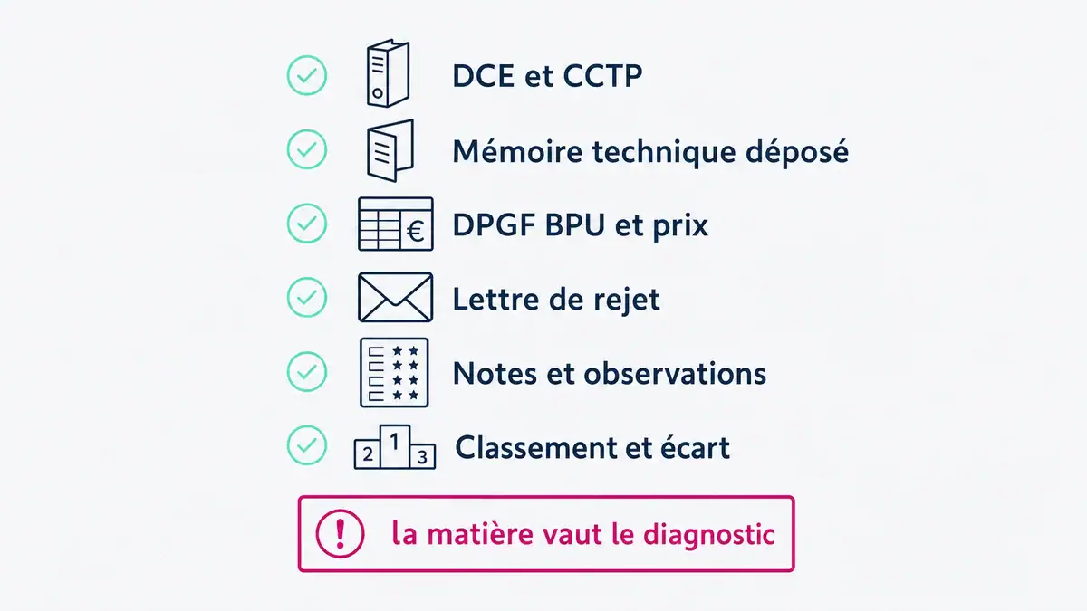 Infographie : la matière documentaire du diagnostic pourquoi je perds mes appels d'offres Les pièces à réunir pour comprendre pourquoi je perds mes appels d'offres : DCE, mémoire, prix, lettre