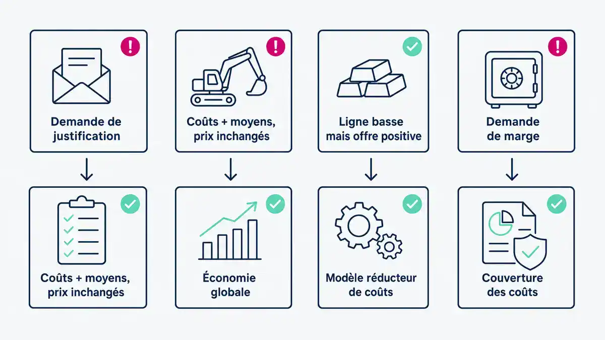 Infographie : matrice si/alors, coûts et moyens sans modifier les prix Posture à tenir face à une demande de justification d'un prix bas en BTP