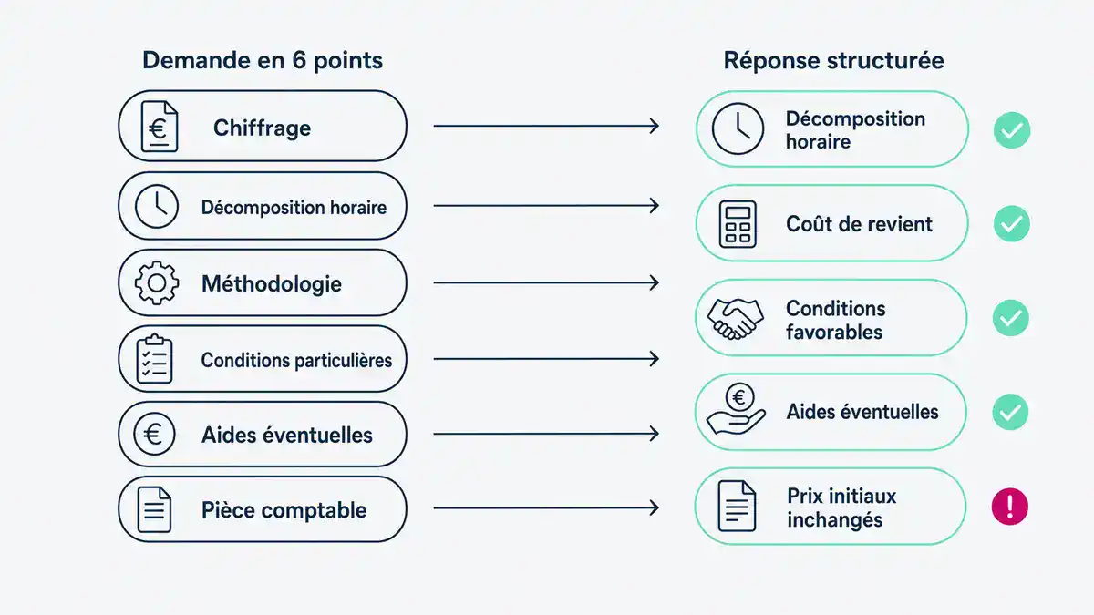 Infographie : demande en six points et réponse structurée, prix inchangés Exemple anonymisé de réponse à une demande de décomposition d'un prix bas en BTP
