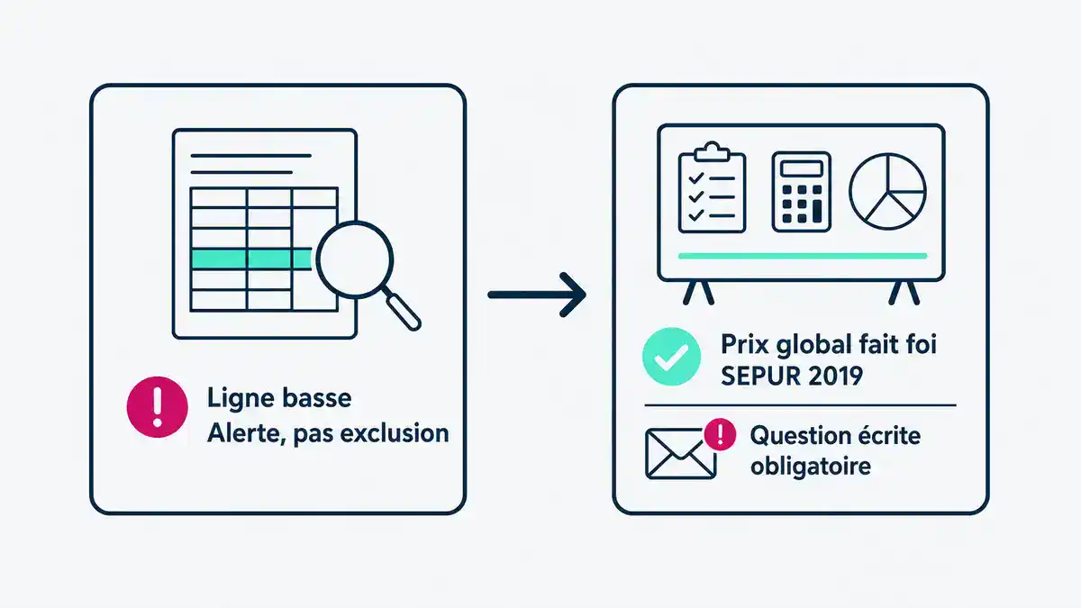 Infographie : prix global qui fait foi, jurisprudence SEPUR 2019 Une ligne basse dans un BPU ne suffit pas à rendre l'offre anormalement basse en BTP