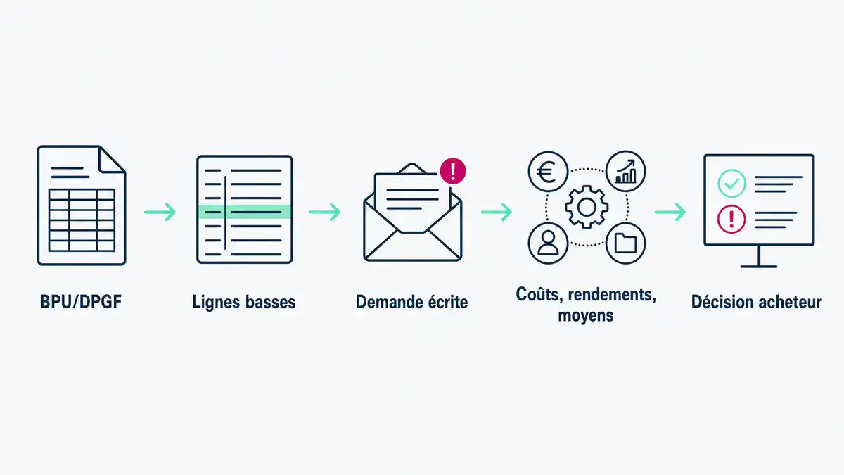 Infographie : schéma BPU, lignes basses, demande, preuves, décision Parcours de justification d'un prix bas en BTP, du BPU à la décision acheteur