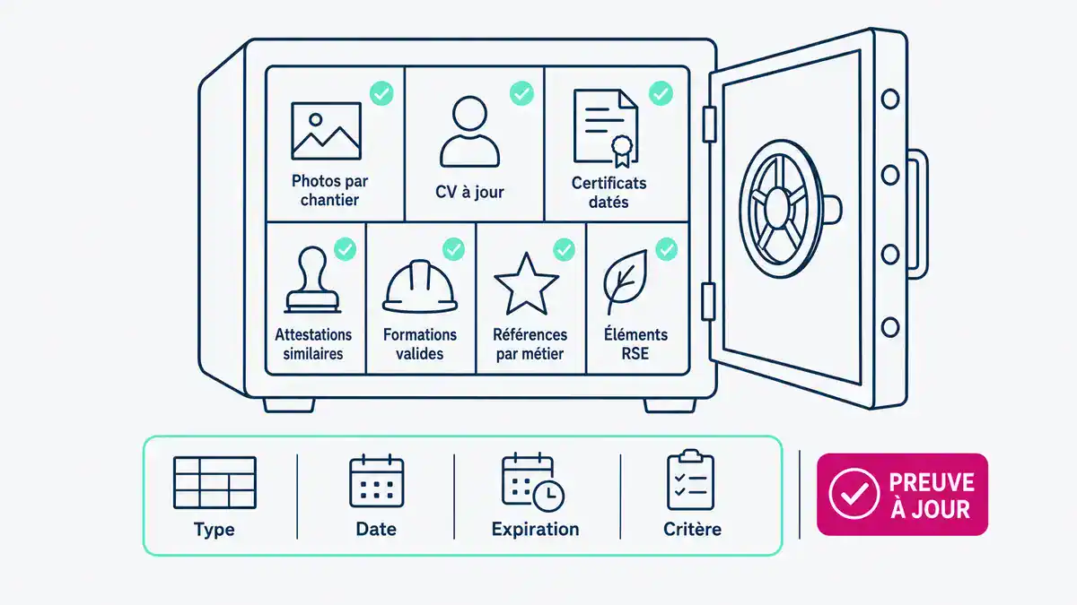 Schéma : coffre documentaire organisé des preuves dans un mémoire technique, photos, CV, certificats La bibliothèque de preuves pour structurer les preuves dans un mémoire technique de vos appels d'offres