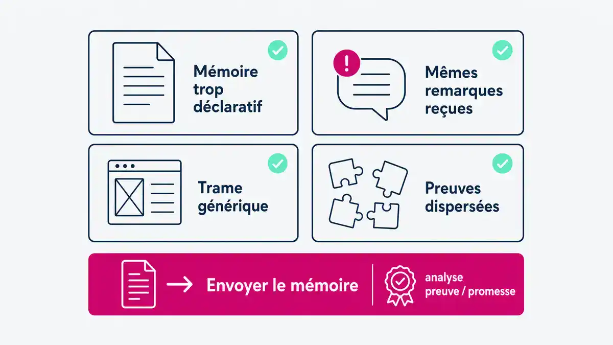 Infographie : situations déclaratives et accompagnement pour renforcer les preuves dans un mémoire technique Quand faire diagnostiquer votre mémoire technique pour y intégrer des preuves