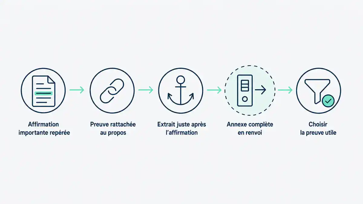 Frise : le parcours de la preuve dans un mémoire technique, de l'affirmation au renvoi d'annexe Où placer les preuves dans un mémoire technique : affirmation, preuve juste après, annexe en renvoi