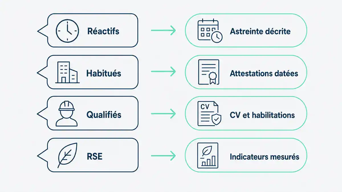 Tableau : quatre affirmations transformées en points par les preuves dans un mémoire technique Tableau promesse et preuve dans un mémoire technique : réactivité, expérience, compétences, RSE
